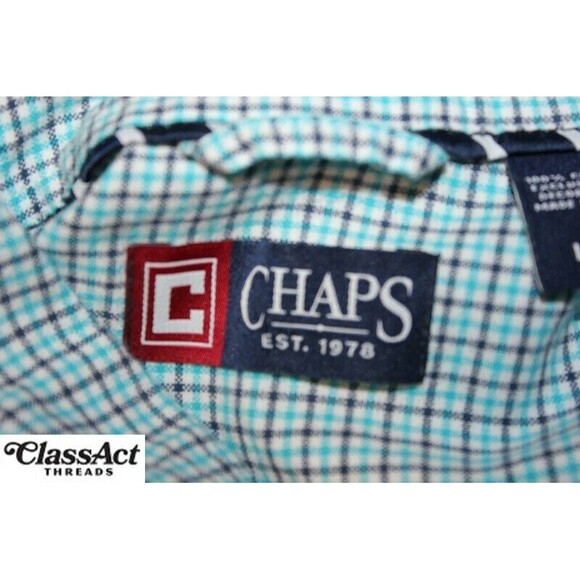 Chaps Shirt Mens Teal Blue Checked Long Sleeve Button Down Cotton Sz L - Picture 5 of 6